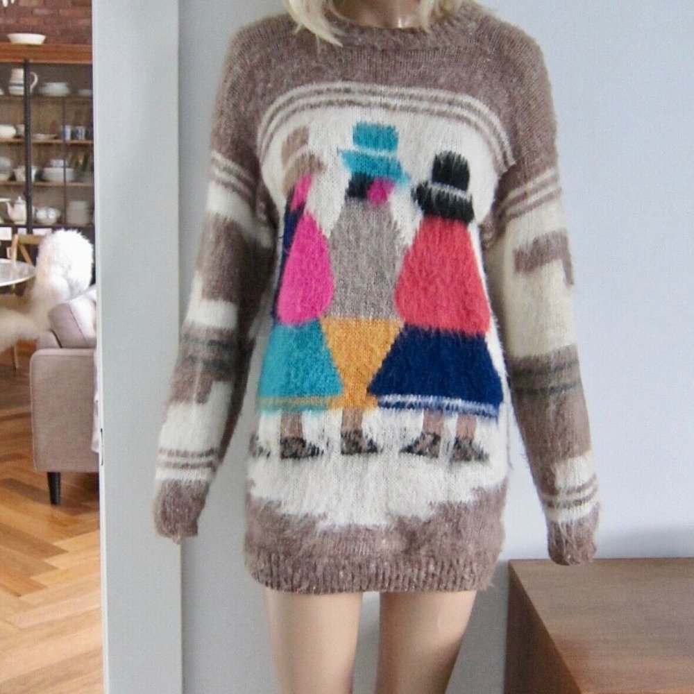 Vintage 80s figurines colourful hand knit aztec folk alpaca sweater GUC
